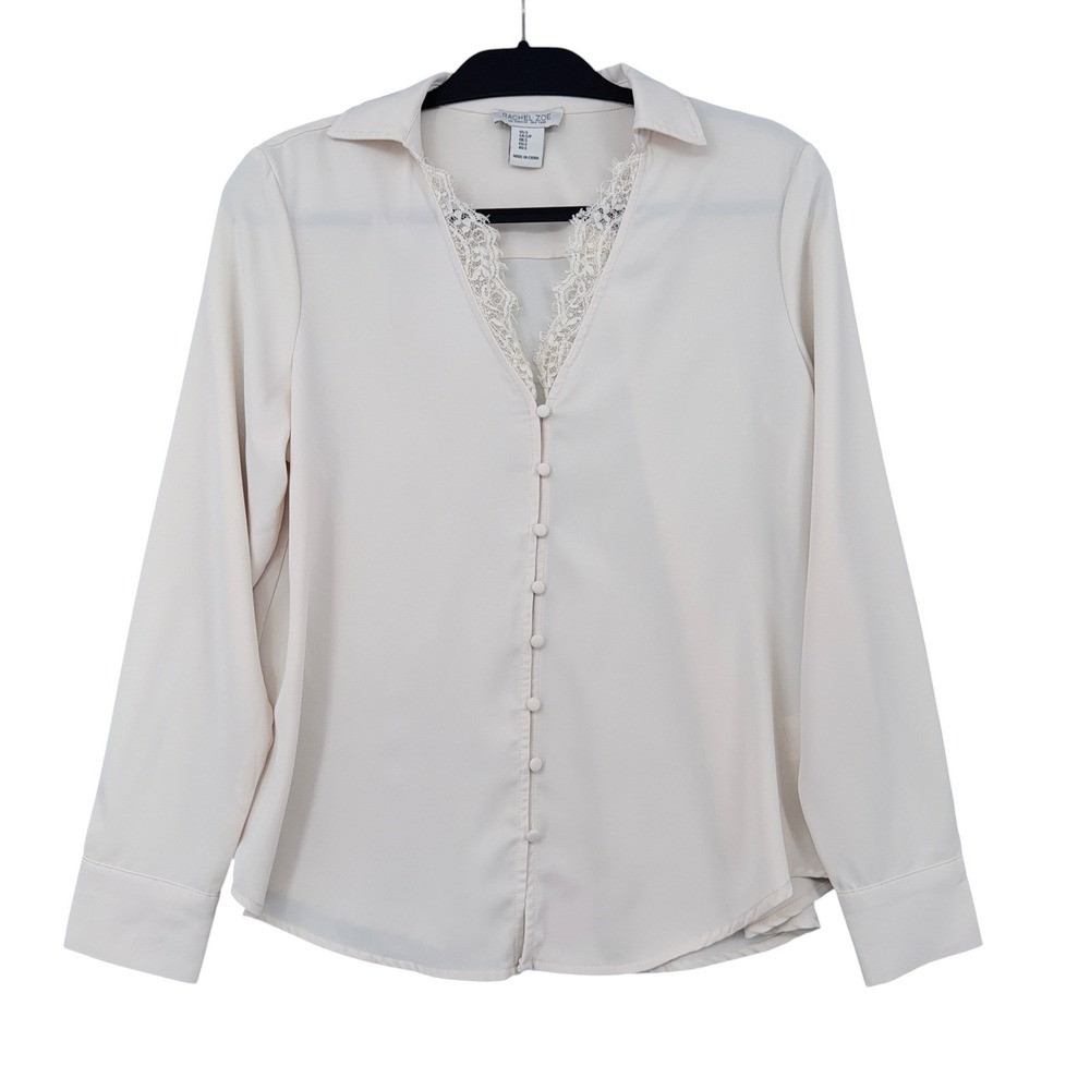Rachel Zoe Womens Cream Lace Trim V-Neck Button‎ Up Blouse Long Sleeve Ivory S